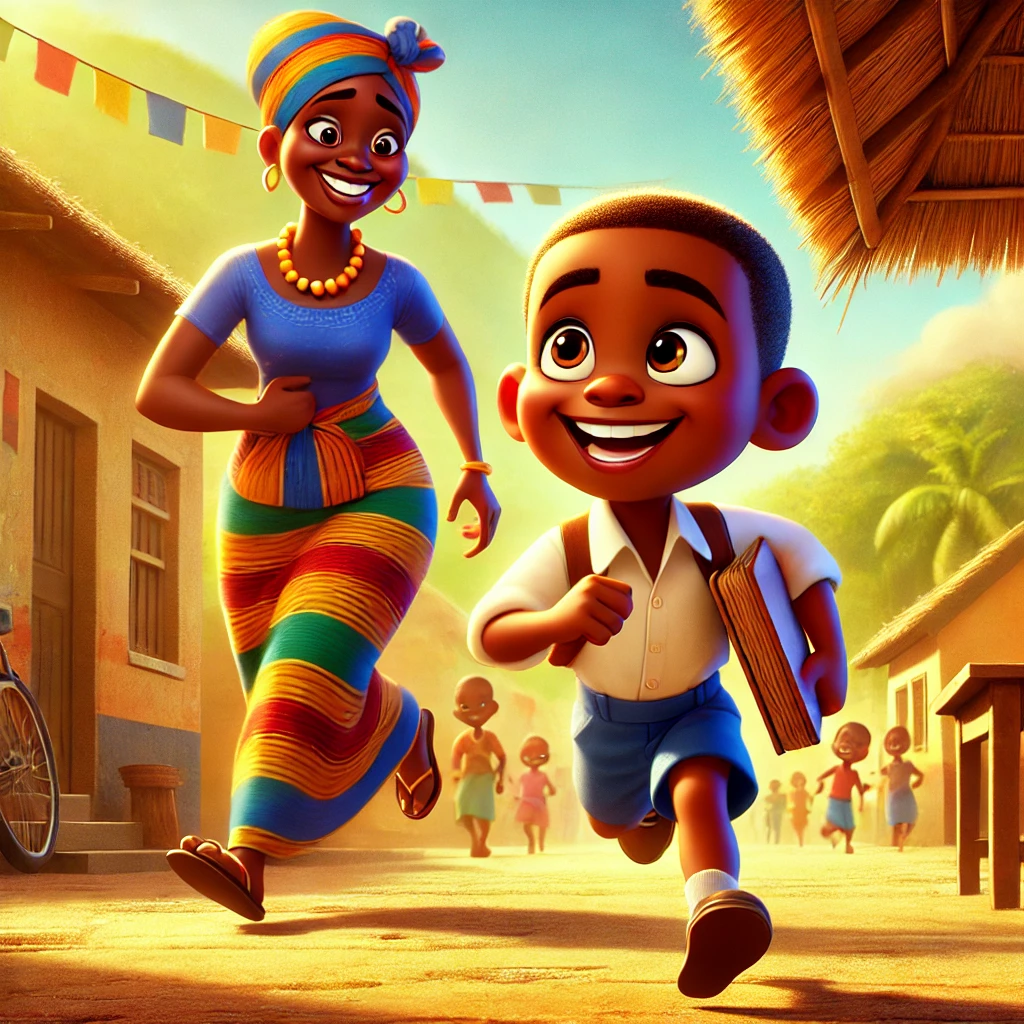 Dall·e 2025 05 22 10.05.56 an african child running joyfully in front of his mother, heading to school, holding a wooden board in his hand. the scene is depicted in a vibrant, c